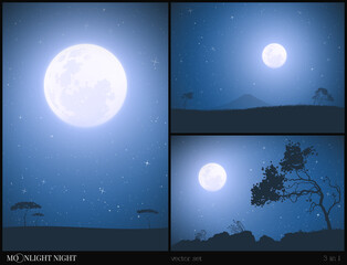 Sticker - Savannah trees and mountain. Nightscape set. Full moon in starry sky