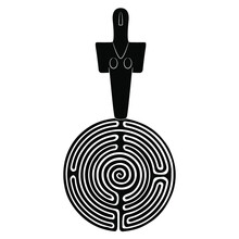Mother Goddess From Turriga Standing On Top Of A Round Spiral Maze Or Labyrinth Symbol. Creatve Matriarchal Concept. Madre Di Turriga, Italy. Neolithic Pagan Idol. Black And White Silhouette.