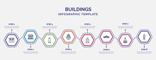 Infographic Template With Icons And 8 Options Or Steps. Infographic For Buildings Concept. Included Prison, Trade Center, Buddhist Temple, Hindu Temple, Rialto Bridge, Chuch, World Trade Center