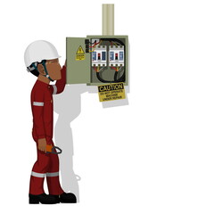 Wall Mural - An industrial worker with electrical cabinet on white background