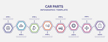 infographic template with icons and 8 options or steps. infographic for car parts concept. included car horn, car fan belt, exhaust, accelerator, bearing, wheel brace, bonnet icons.