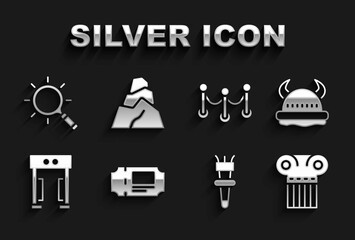 Sticker - Set Museum ticket, Viking in horned helmet, Ancient column, Torch flame, Metal detector, Rope barrier, Magnifying glass and Rock stones icon. Vector