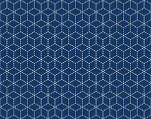 Japanese Sashiko Seamless Pattern. Indigo Background. White Thin Line On Blue Wallpaper. Vector
