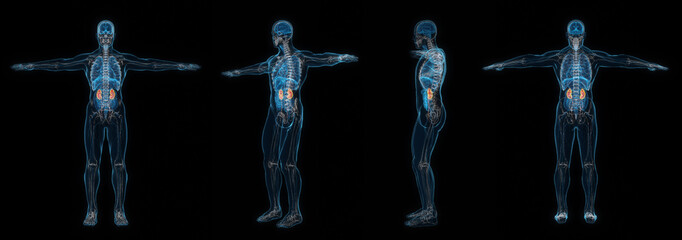 3d rendering set of human male body kidney x-ray isolated on black background.