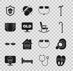 Poster - Set Slippers, Hearing aid, Walking stick cane, Eyeglasses, Nursing home, Adult diaper, Grandmother and Rocking chair icon. Vector