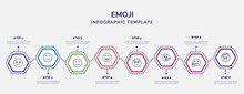 Infographic Template With Icons And 8 Options Or Steps. Infographic For Emoji Concept. Included Slightly Frowning Emoji, Calm Emoji, Happy Embarrassed Liar Hello Injured Icons.