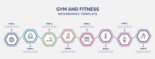 Infographic Template With Icons And 8 Options Or Steps. Infographic For Gym And Fitness Concept. Included Big Stopwatch, Running Hine, Good Diet, Exercise Hang Bar, Sport Wear, Fitness Drink, Grip