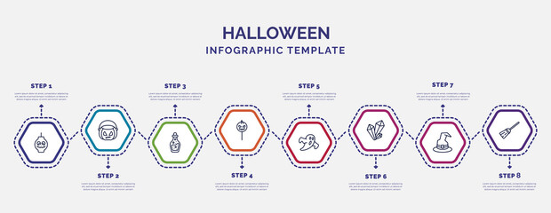 Wall Mural - infographic template with icons and 8 options or steps. infographic for halloween concept. included lanterns, flask bottle, halloween candy, ghosts, crystals, magician hat, magic broom icons.