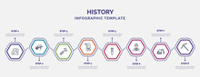 Infographic Template With Icons And 8 Options Or Steps. Infographic For History Concept. Included Stone, Ancient Weapon, Old Paper, Tool, Policeman, Digger, Pick Icons.
