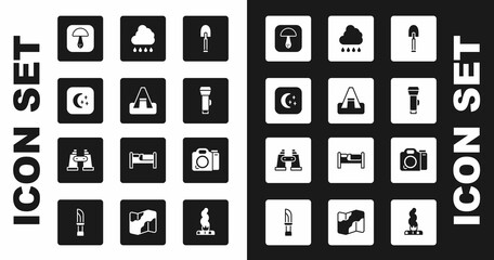 Canvas Print - Set Shovel, Tourist tent, Moon and stars, Mushroom, Flashlight, Cloud with rain, Photo camera and Binoculars icon. Vector