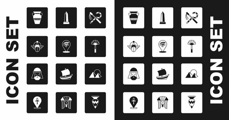 Sticker - Set Crook and flail, Eye of Horus, Egyptian Scarab, vase, fan, Obelisk Alexandria, pyramids and man icon. Vector