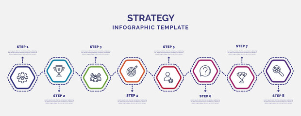 Wall Mural - infographic template with icons and 8 options or steps. infographic for strategy concept. included teamwork, workers, target, admin, question, winner, human resources icons.