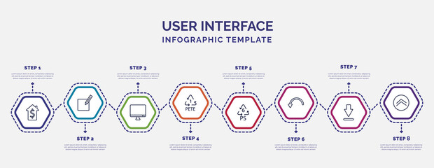 Poster - infographic template with icons and 8 options or steps. infographic for user interface concept. included house value, display, 1 pete, 6 ps, curve arrows, big download arrow, up arrow fold button