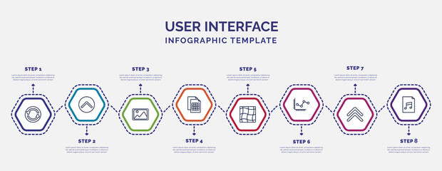 Poster - infographic template with icons and 8 options or steps. infographic for user interface concept. included synchronisation, insert picture, document with tables, mesh, line dot chart, up chevron,