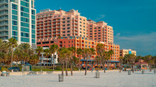 Panorama Of City Clearwater Beach FL. Clearwater Beach Florida. Summer Vacations In Florida. Beautiful View On Hotels And Resorts On Island. America USA. Gulf Of Mexico. Street Photography.