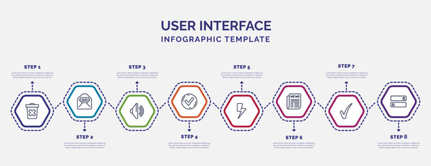 Poster - infographic template with icons and 8 options or steps. infographic for user interface concept. included delete bin, loud audio, tick box, lightning flash, folded newspaper, tick mark, slide to