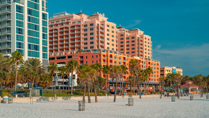 Wall Mural - Panorama of city Clearwater Beach FL. Clearwater Beach Florida. Summer vacations in Florida. Beautiful View on Hotels and Resorts on Island. America USA. Gulf of Mexico. Street photography.