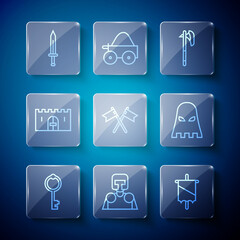 Sticker - Set line Old key, Medieval knight, flag, axe, Crossed medieval, castle gate, sword and Executioner mask icon. Vector