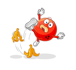 Sticker - bowling ball slipped on banana. cartoon mascot vector