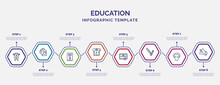 Infographic Template With Icons And 8 Options Or Steps. Infographic For Education Concept. Included Frog, Thesis, Alarm Clock, Merit, School Material, Othello, Robin Hood Icons.
