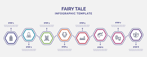 Wall Mural - infographic template with icons and 8 options or steps. infographic for fairy tale concept. included stained glass, dwarf, devil, loch ness monster, unicorn, antagonist, cyclops icons.