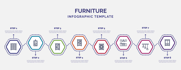 Wall Mural - infographic template with icons and 8 options or steps. infographic for furniture concept. included dresser, shelves, bookshelve, carpet, kitchen furniture, chandelier, clo icons.