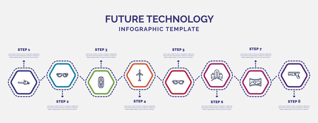 infographic template with icons and 8 options or steps. infographic for future technology concept. included chainsaw, capsule, eolic energy, ar glasses, jetpack, panoramic view, blaster icons.