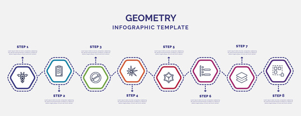 Poster - infographic template with icons and 8 options or steps. infographic for geometry concept. included polygonal giraffe, diameter, explode, metatron cube, right align, layer, ungroup icons.