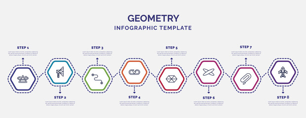 Poster - infographic template with icons and 8 options or steps. infographic for geometry concept. included rotate, line segment, break, hexahedron, ellipse, clip, polygonal jet aircraft icons.