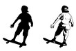 skateboarder kid, silhouette and sketch illustration - vector