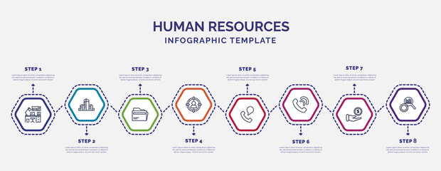 Wall Mural - infographic template with icons and 8 options or steps. infographic for human resources concept. included office, files, target audience, contact, call, earnings, due diligence icons.