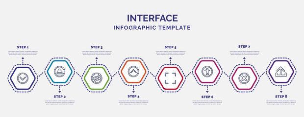 Poster - infographic template with icons and 8 options or steps. infographic for interface concept. included down, hide, up, fullscreen, accessability, x mark, output icons.