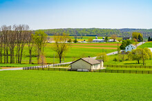 Amish Country, Farm, Home And Barn On Field Agriculture In Lancaster, Pennsylvania, PA US North America