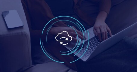 Poster - Animation of cloud icon over hands using laptop in office