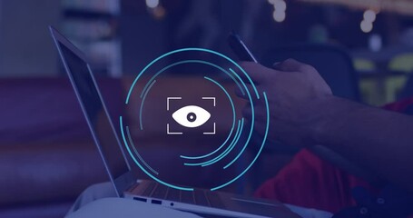 Poster - Animation of eye icon over caucasian businessman using smartphone in office