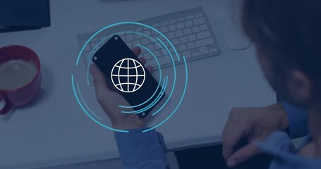 Poster - Animation of globe icon over caucasian businessman using smartphone in office