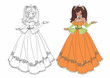 Vector illustration of anime princess with tan skin, brown hair standing and wearing orange ball dress.