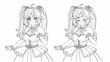 Vector contour illustration of anime princess wearing ball dress.