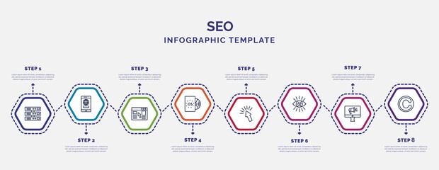 Poster - infographic template with icons and 8 options or steps. infographic for seo concept. included server, landing page, operating system, click, visibility, advertising, copyright icons.