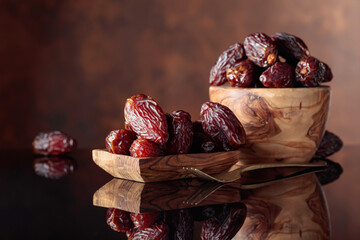 Wall Mural - Juicy dates on a black reflective background.
