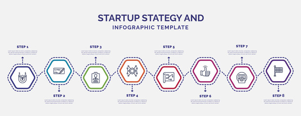Poster - infographic template with icons and 8 options or steps. infographic for startup stategy and concept. included idea magnet, identity, resources, strategy sketch, accept, franchise, finish flag icons.