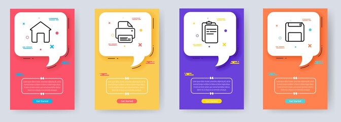 Minimal home, printer document and disket Line Icons Set for Web Development. Phone user interface mockup with bubbles. Vector