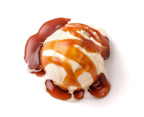 Aufkleber - Ice cream ball with caramel sauce on white. Top view of Ice cream isolated.