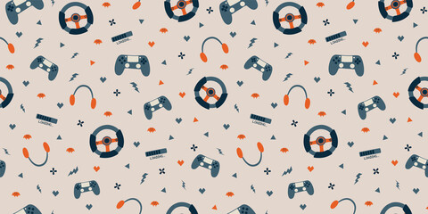 Video gaming pattern. Game console background. Videogaming seamless pattern. Hand drawn computers game print, paper, vector illustration.