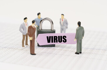 Poster - There are figures of people on business reports, a padlock with a sticker on which it is written - Virus
