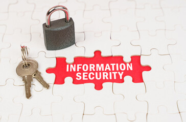 Poster - On puzzles there is a lock and keys, on a red surface there is an inscription - Information Security
