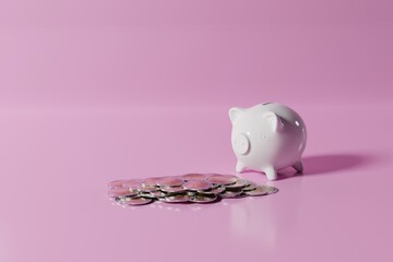 Poster - Piggy bank on the background of money. Concept of saving money, saving money for later. 3d render, 3d illustrator
