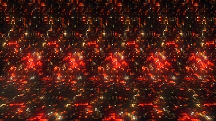 Poster - Bright background with curve and twinkling squares. Motion. Spatial bending of background with neon pixels. Cyber background with glowing squares