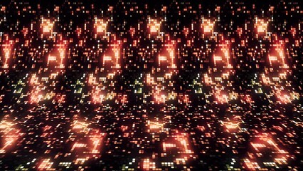 Poster - Bright background with curve and twinkling squares. Motion. Spatial bending of background with neon pixels. Cyber background with glowing squares