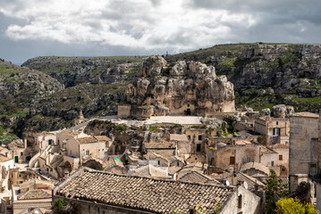 View of historic cavern basilica San Pietro in Monte Errone in Matera, Italy